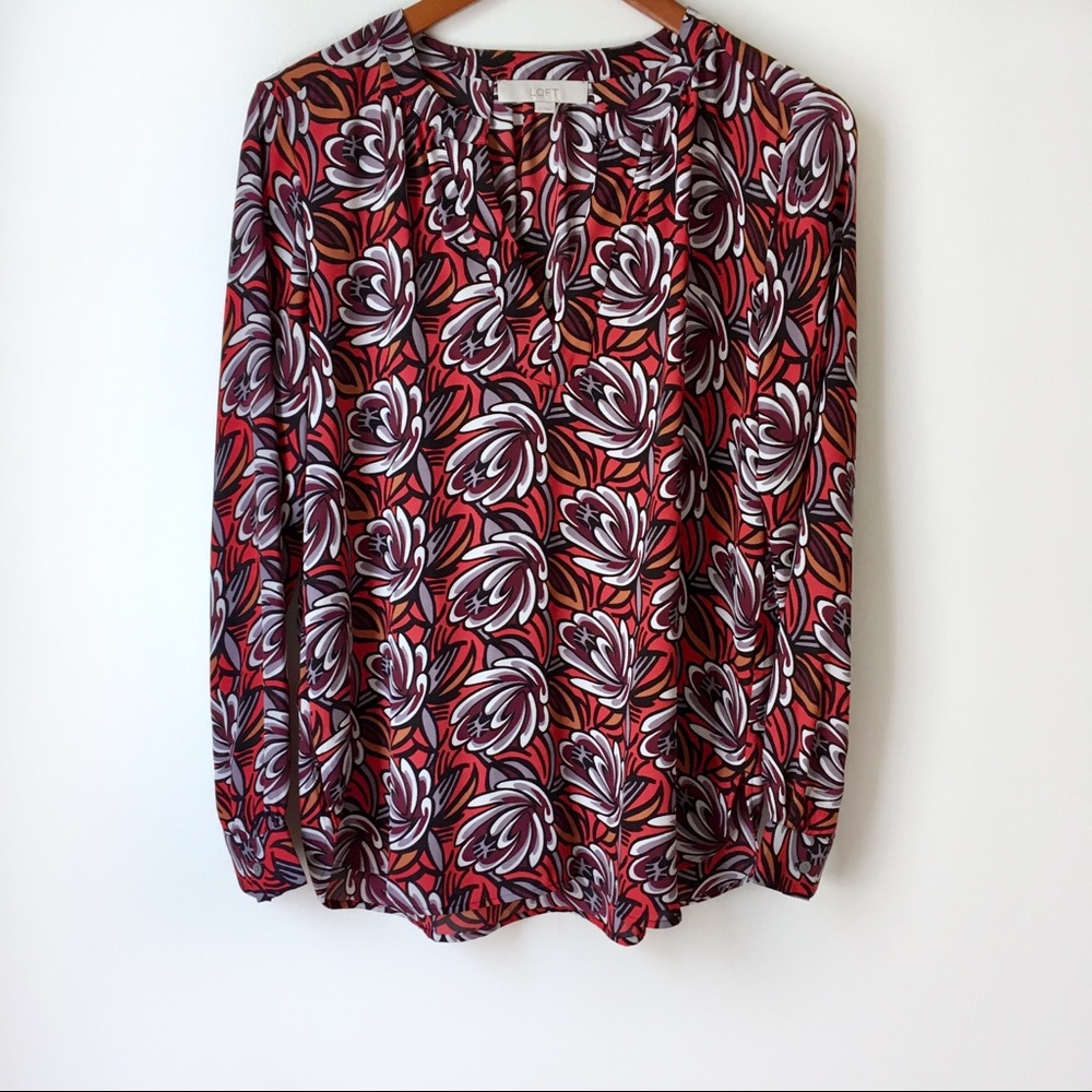 LOFT Floral Long Sleeve Popover Blouse